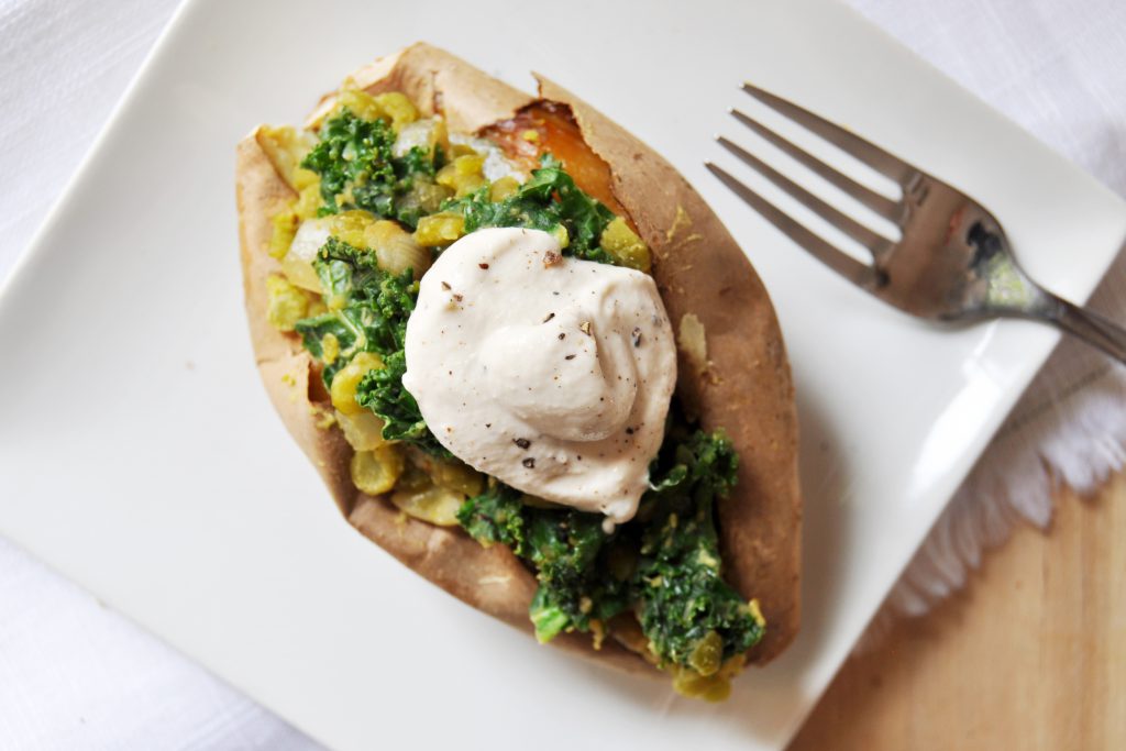 Lentil Kale Stuffed Sweet Potato Tahini Garlic Cream Vegan Gluten-Free