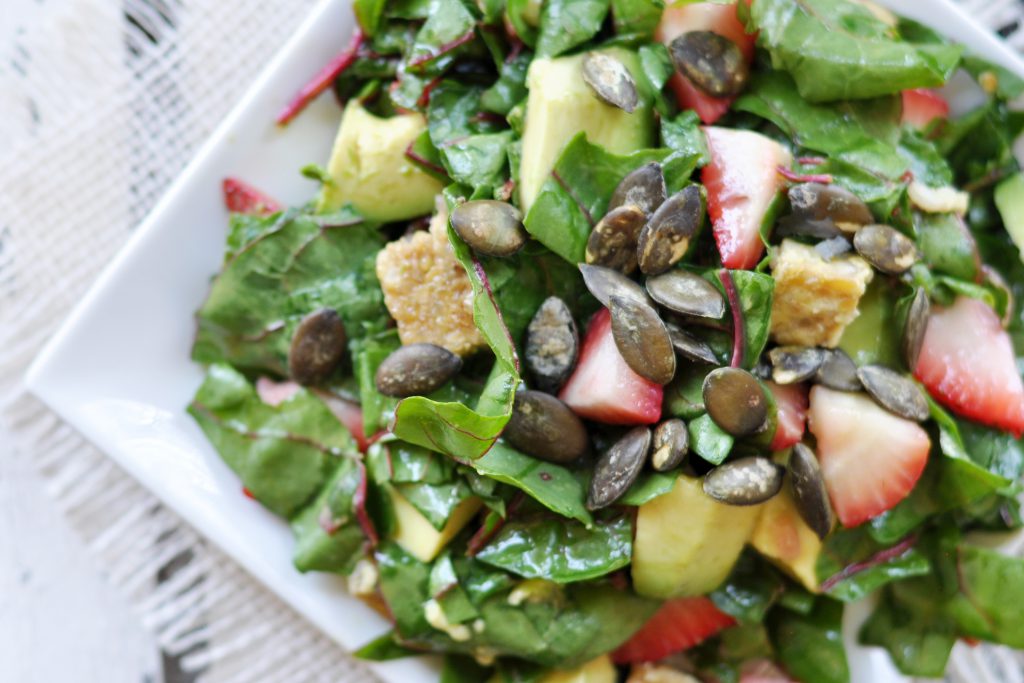 Strawberry, Avocado Salad with Tempeh Bacon Vegan Gluten-Free