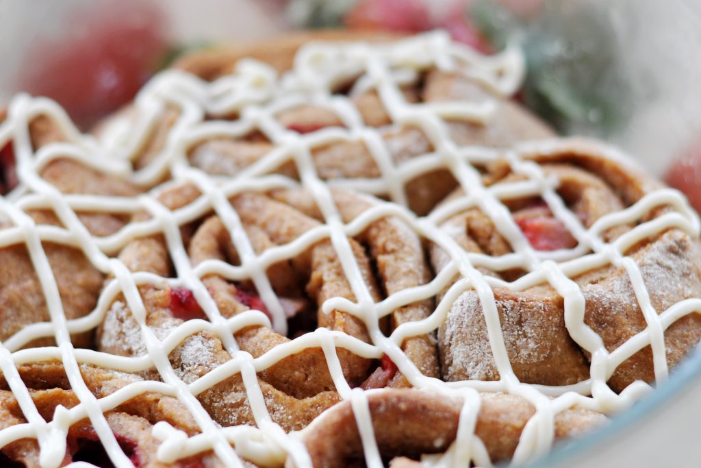 Strawberry Spelt Cinnamon Rolls with Cream Cheese Frosting Vegan