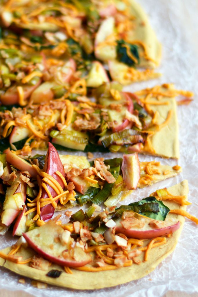 Leek, Apple & Coconut Baco Pizza on Chickpea Flour Crust Vegan Gluten-Free 2