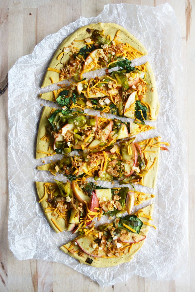 Leek, Apple & Coconut Baco Pizza on Chickpea Flour Crust Vegan Gluten-Free