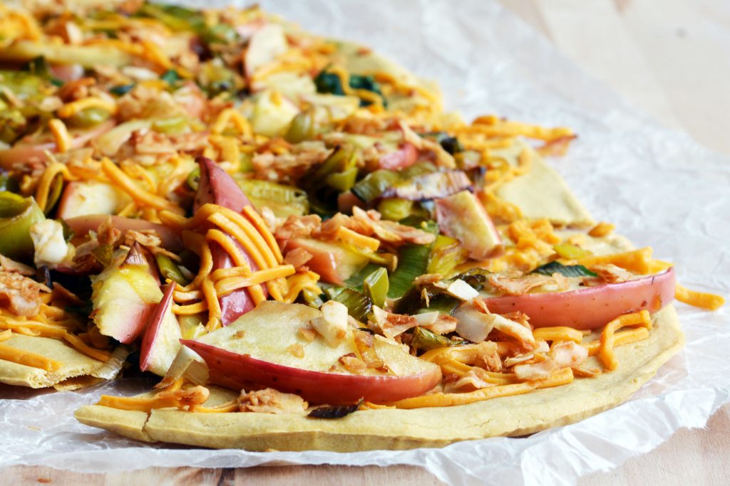 Leek, Apple & Coconut Bacon Pizza on Chickpea Flour Crust Vegan Gluten-Free 3