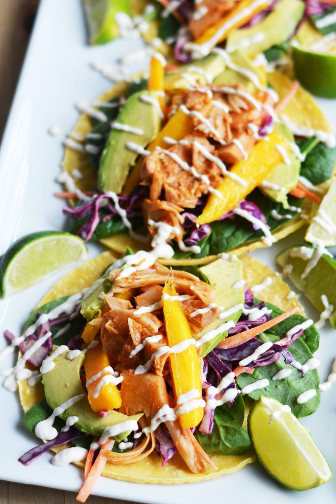 Thai Curry Jackfruit Tacos with Lime Slaw, Cream and Mango 2