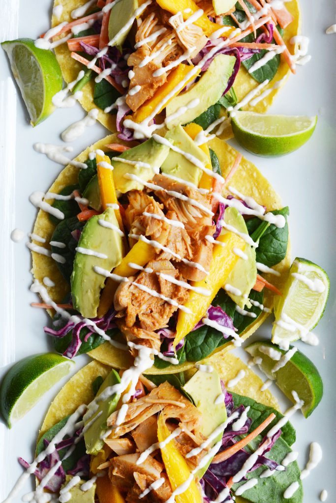 Thai Curry Jackfruit Tacos with Lime Slaw, Cream and Mango