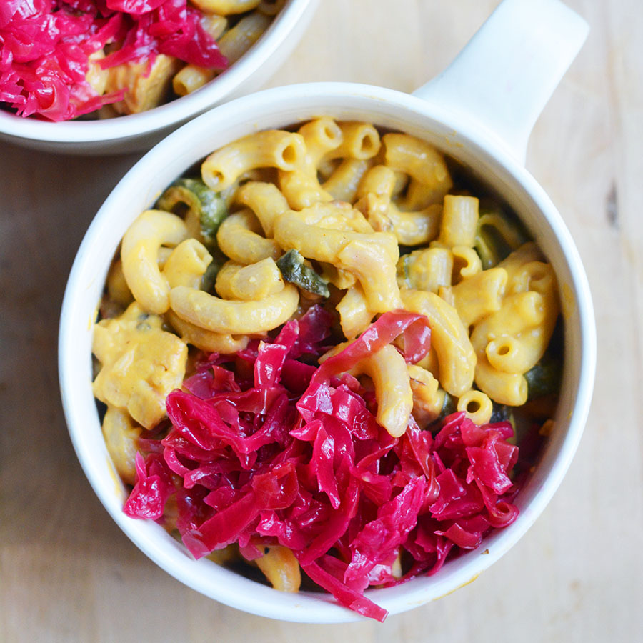 Mac n' Cheese! This recipe, with roasted zucchini, tempeh bacon and sauerkraut. 