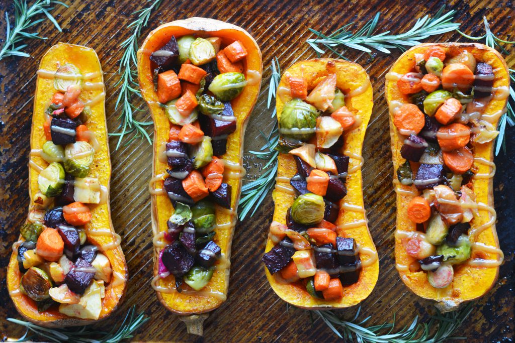 Roasted Vegetable Stuffed Squash Maple Tahini Vegan Gluten-Free