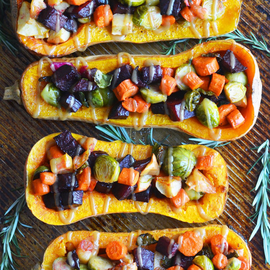 Roasted Vegetable Stuffed Squash Maple Tahini Vegan Gluten-Free SQUARE