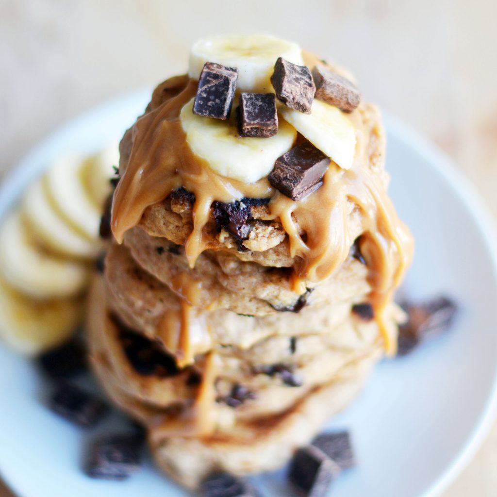 Spelt Chocolate Chunk Pancakes Peanut Butter Syrup Vegan 2