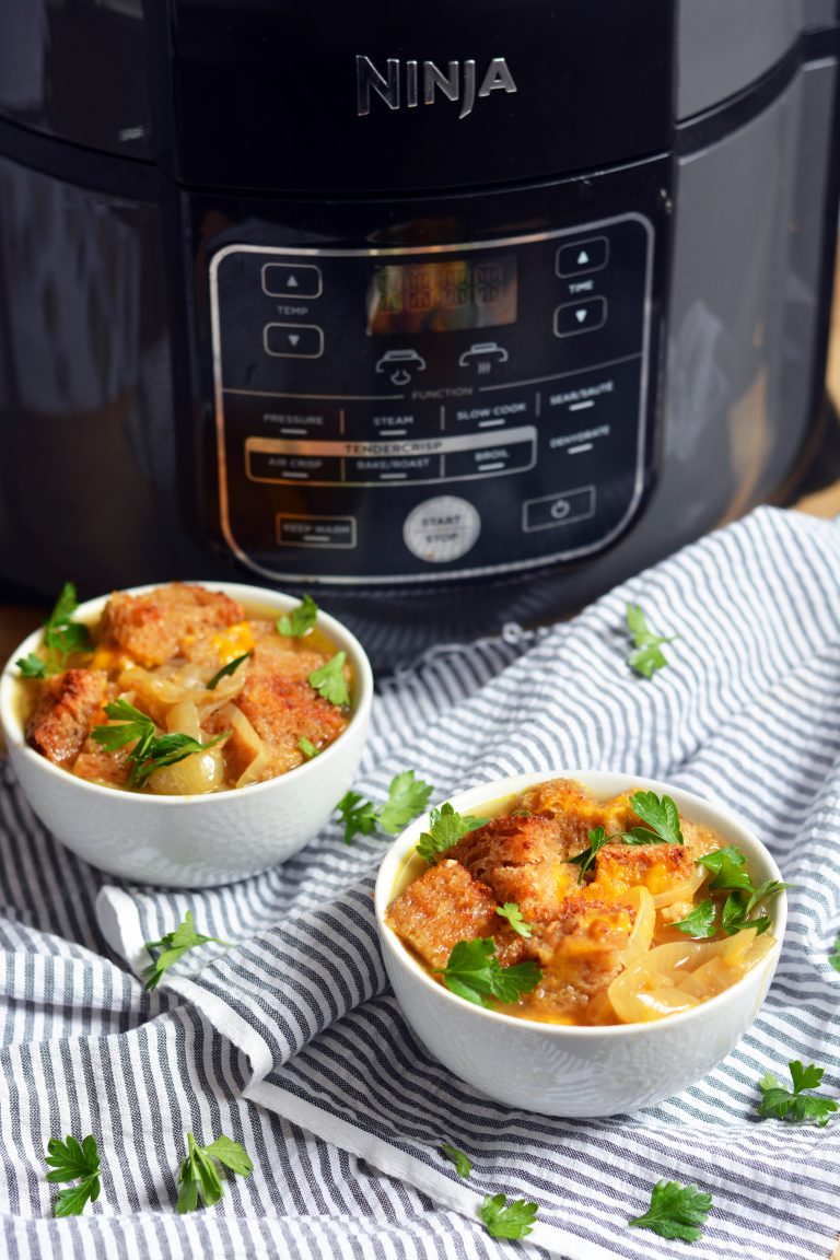 Ninja Foodi Vegan French Onion Soup with Crispy Grilled Cheese Croutons